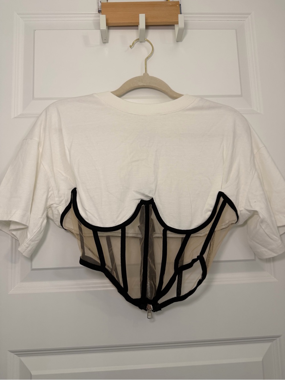 Fashion Nova White Tee with Black Mesh Corset Accent